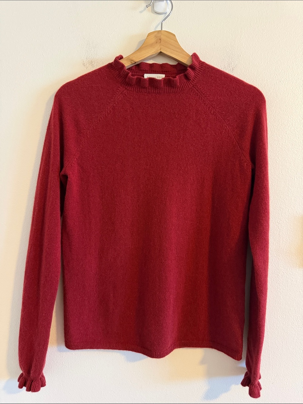 Garnet Hill Cashmere Ruffle Mock Neck Sweater Women's XS Raglan Pullover Maroon